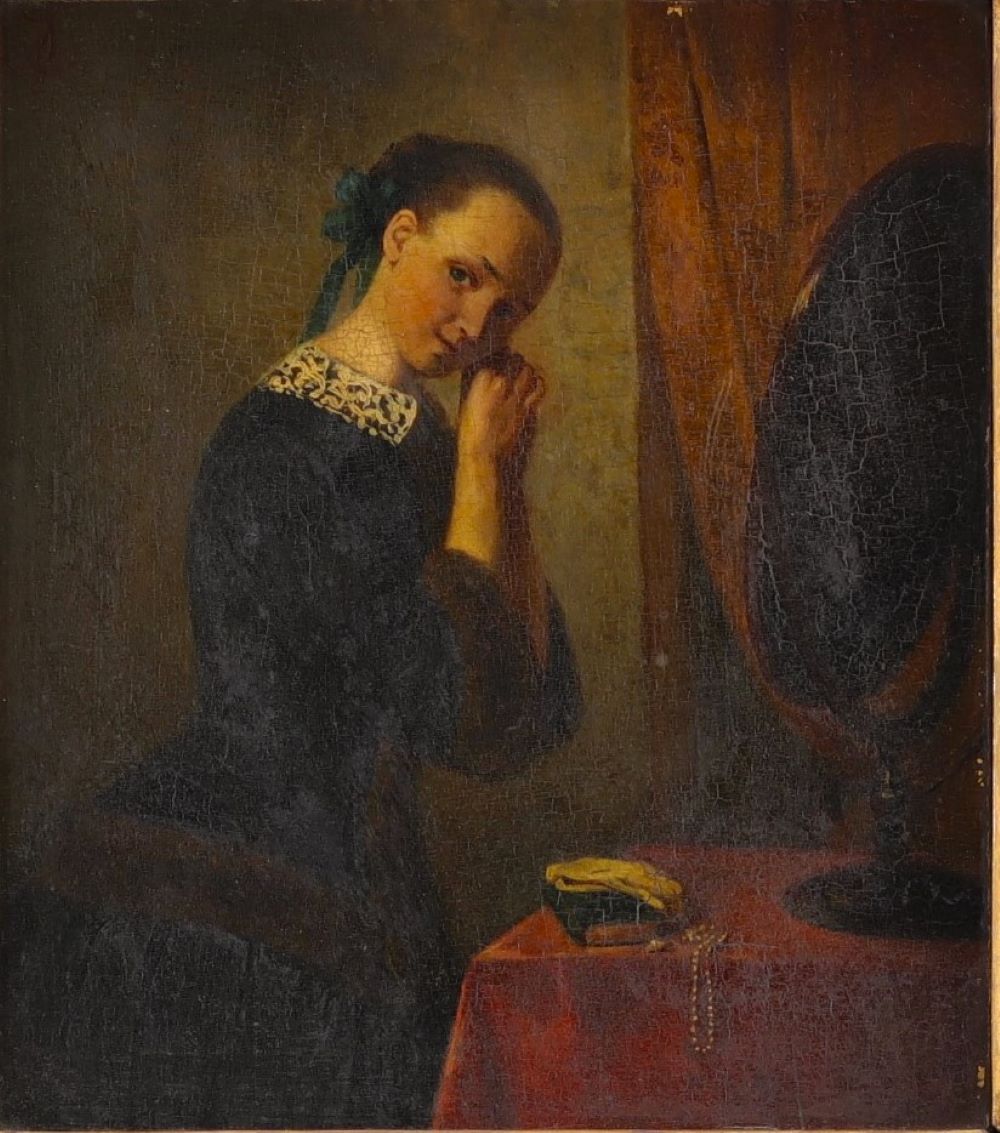 "Damsel in front of the dressing table" Oil on mahogany panel, 19th century.