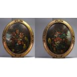 Pair of large medallions representing two "Vase with flowers and parakeets" Oil on canvas, 17th-18th