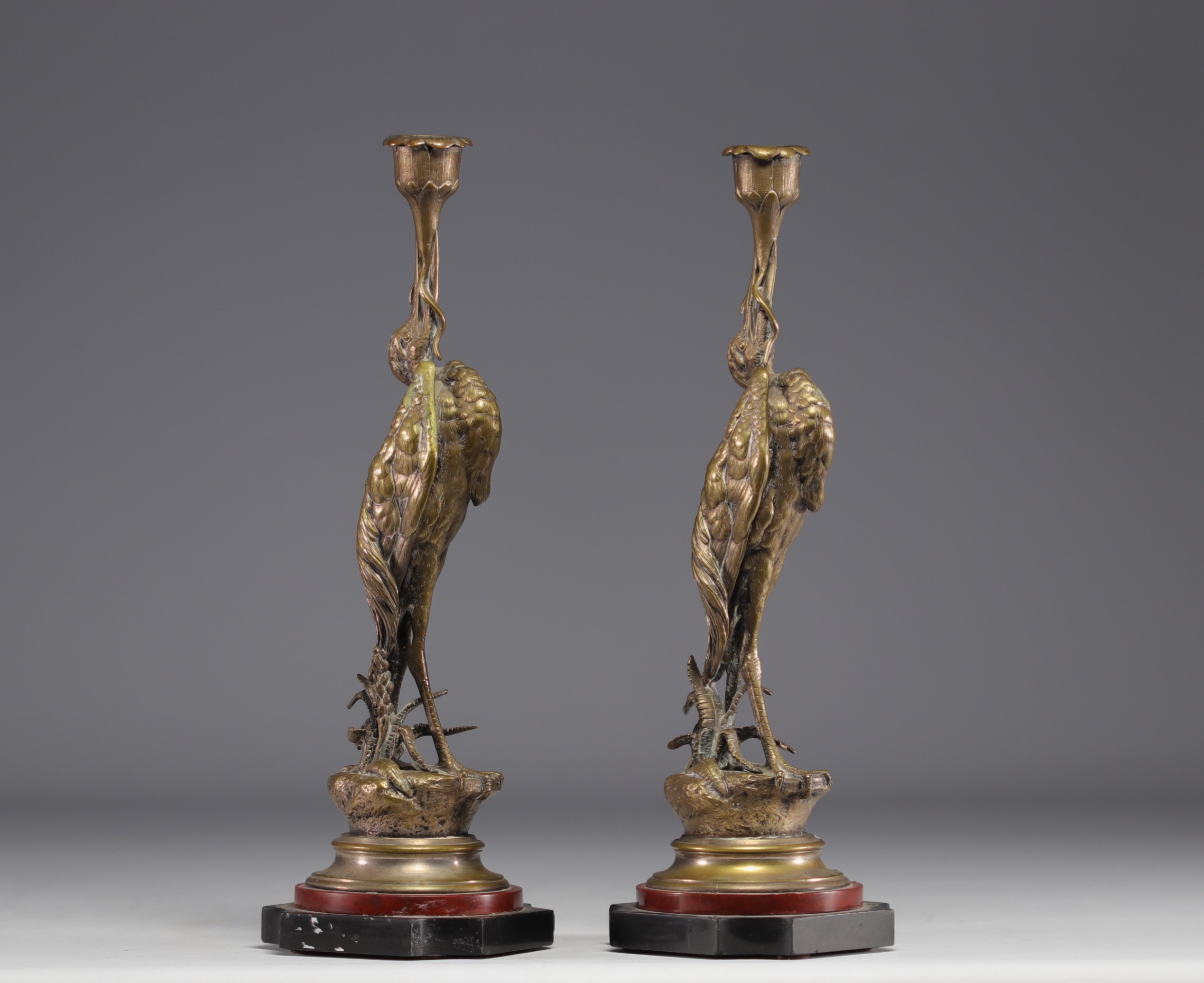 Jules MOIGNIEZ (1835-1894) "Les echassiers" Pair of bronze candlesticks. - Image 2 of 5