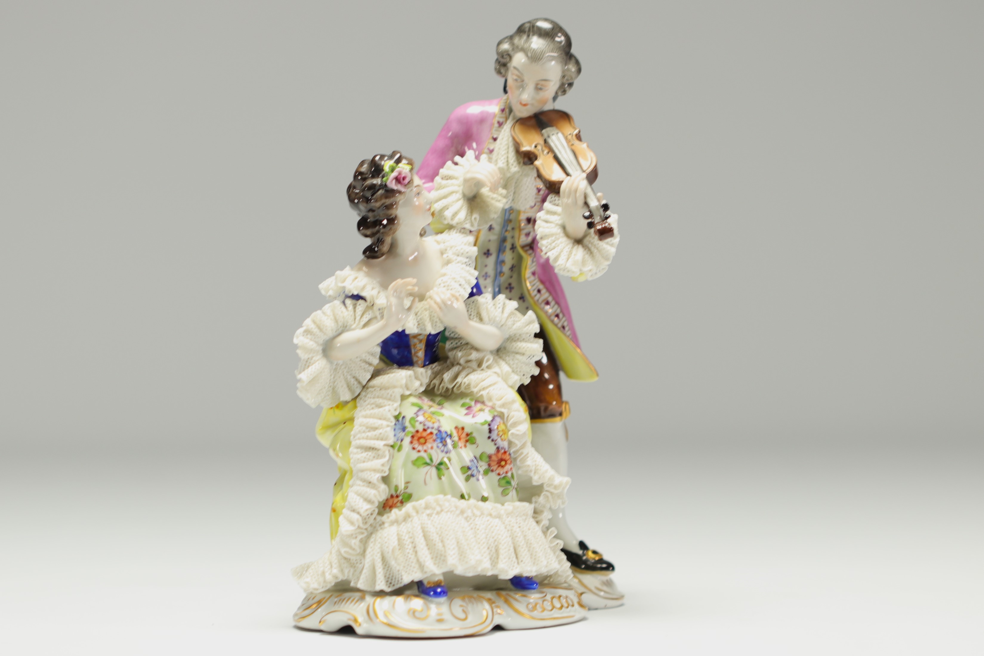 Volksted - "Violinist" polychrome porcelain group, mark under the piece. - Image 2 of 4