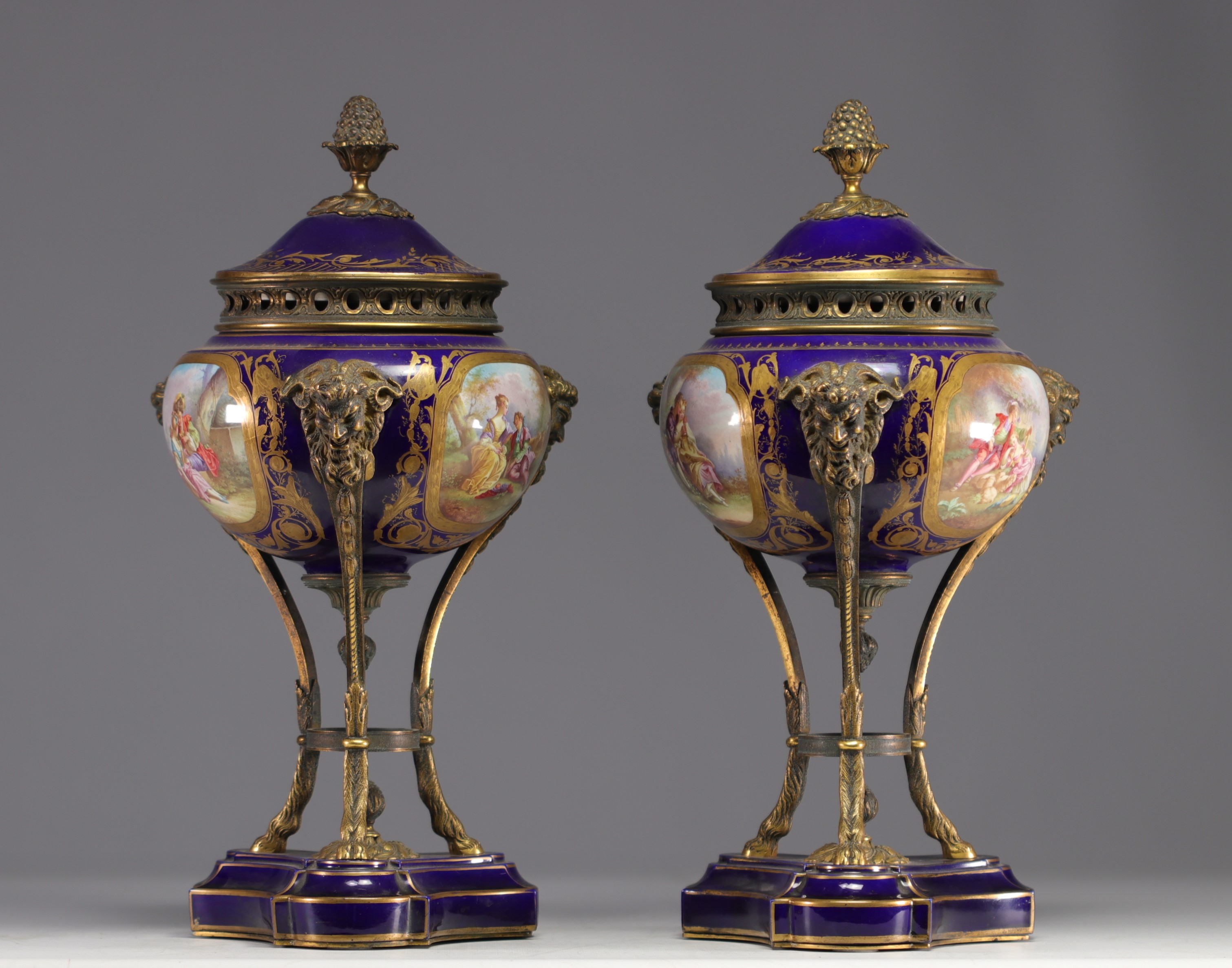 Pair of Sevres porcelain cassolettes decorated with gallant scenes, mounted on bronze. - Image 2 of 5