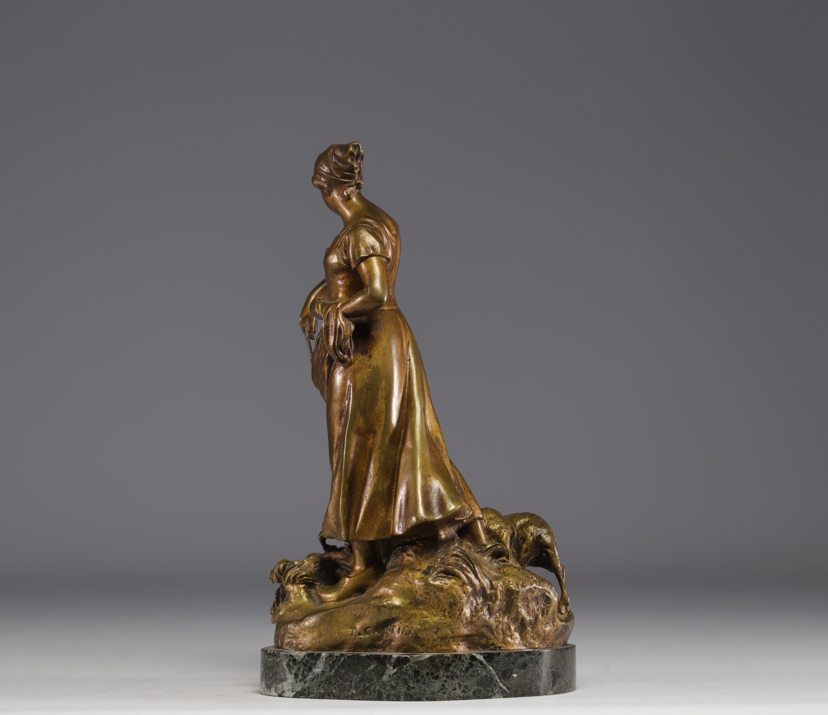 T. CARTIER (1879-1936) "The shepherdess and her sheep" bronze with golden patina. - Image 3 of 5