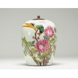 China - Polychrome porcelain ginger pot decorated with bird and flowers, 19th century.