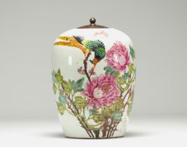 China - Polychrome porcelain ginger pot decorated with bird and flowers, 19th century.