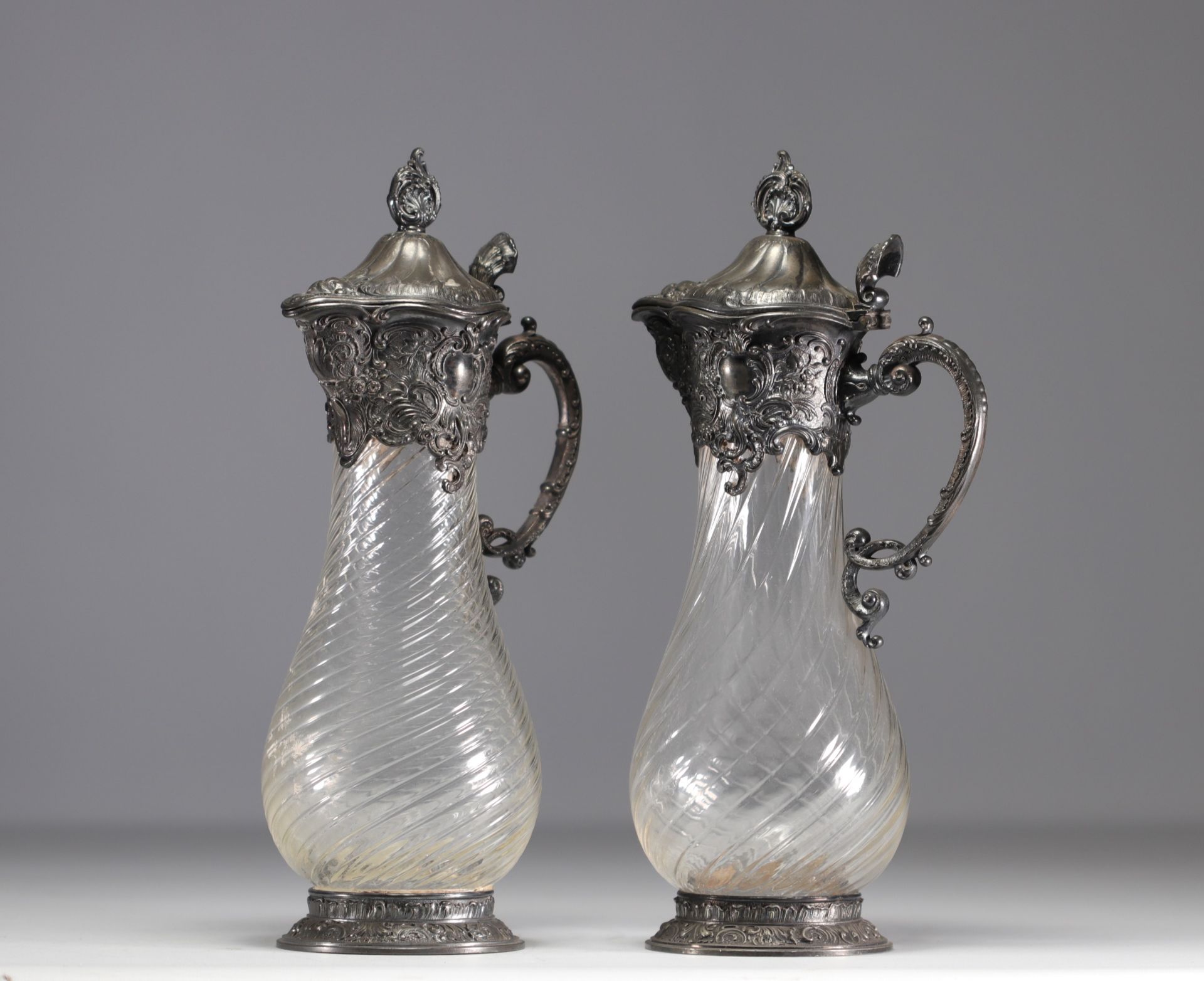 WMF, set of two twisted glass decanters, silver-plated metal frame. - Image 2 of 3