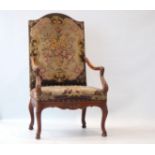 Carved wooden armchair and a seat with floral motifs from the 18th century