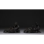 China Vietnam - Pair of carved wooden figures.