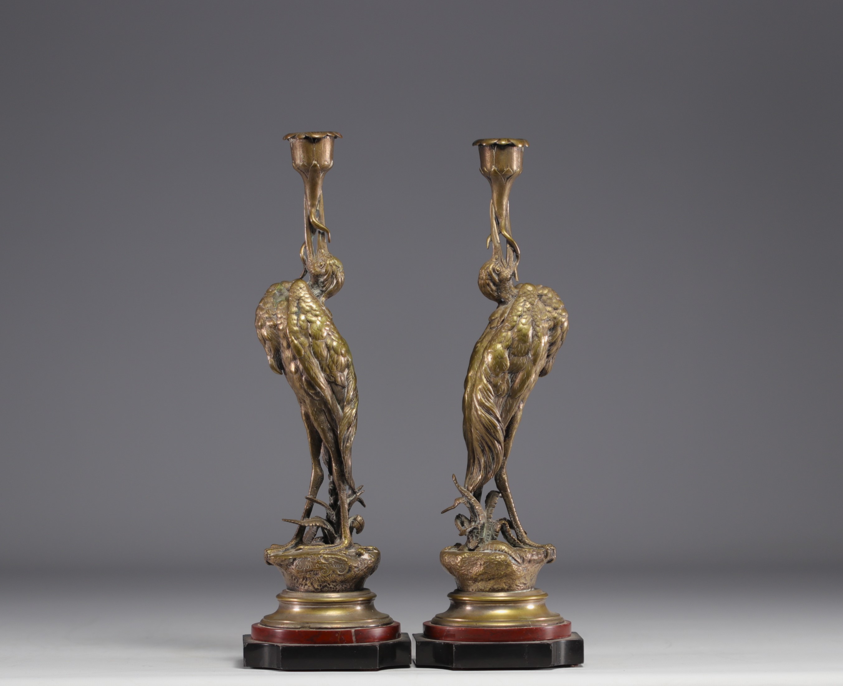Jules MOIGNIEZ (1835-1894) "Les echassiers" Pair of bronze candlesticks.