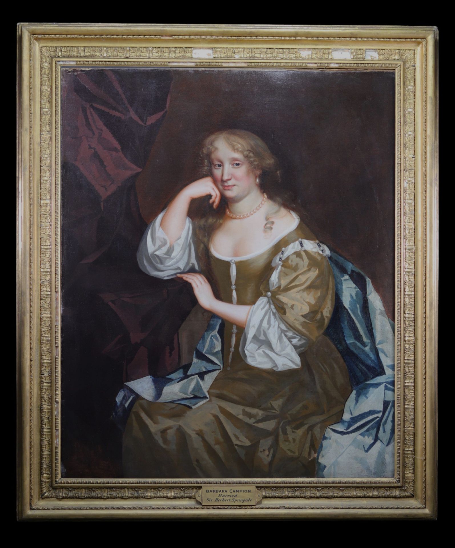 Portrait of "Barbara Campion wife of Sir Herbert Springale" Large oil on canvas, 18th century.