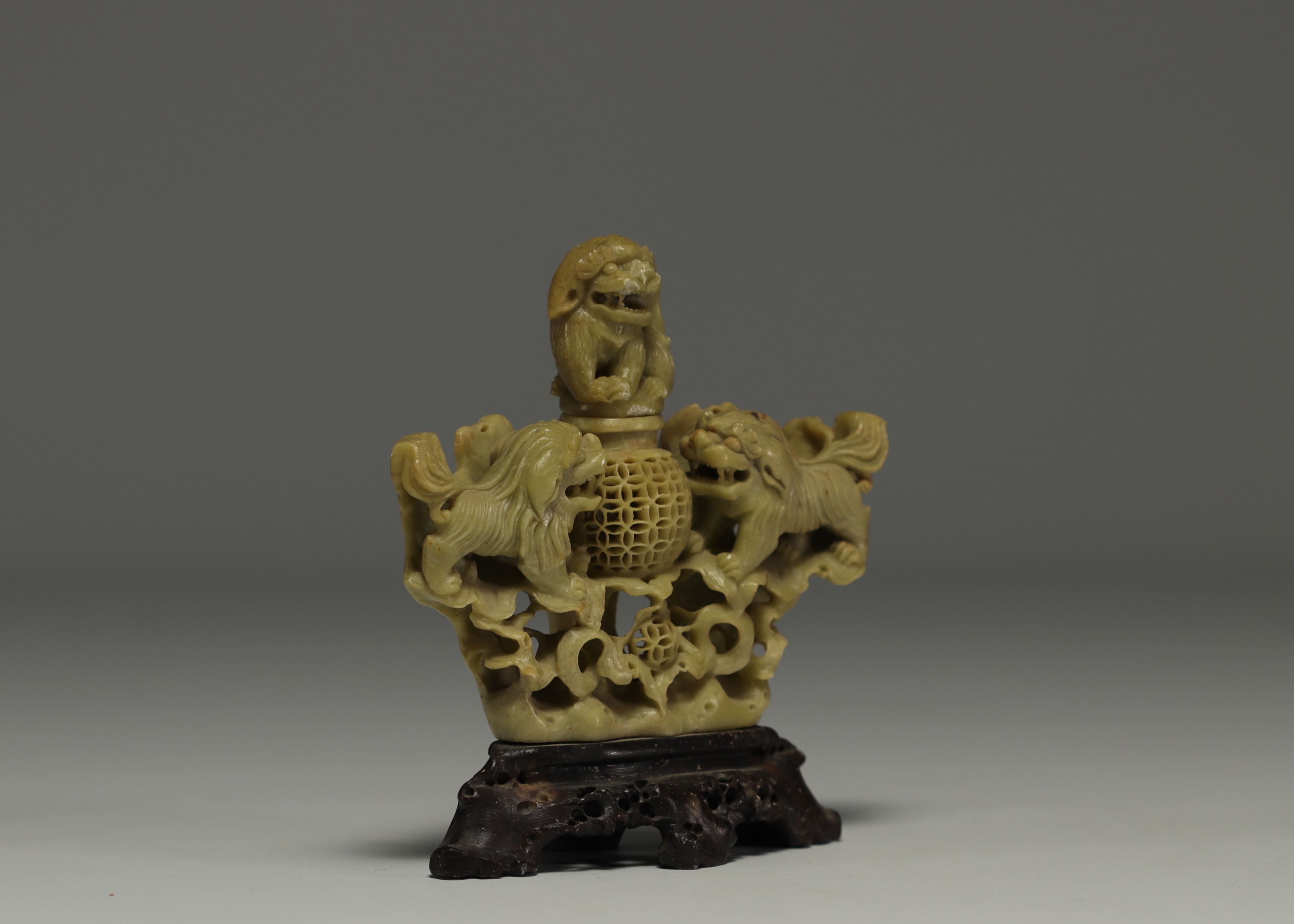 China - Set of two hard stone sculptures, one decorated with lions and a Sage, on wooden bases. - Image 2 of 6
