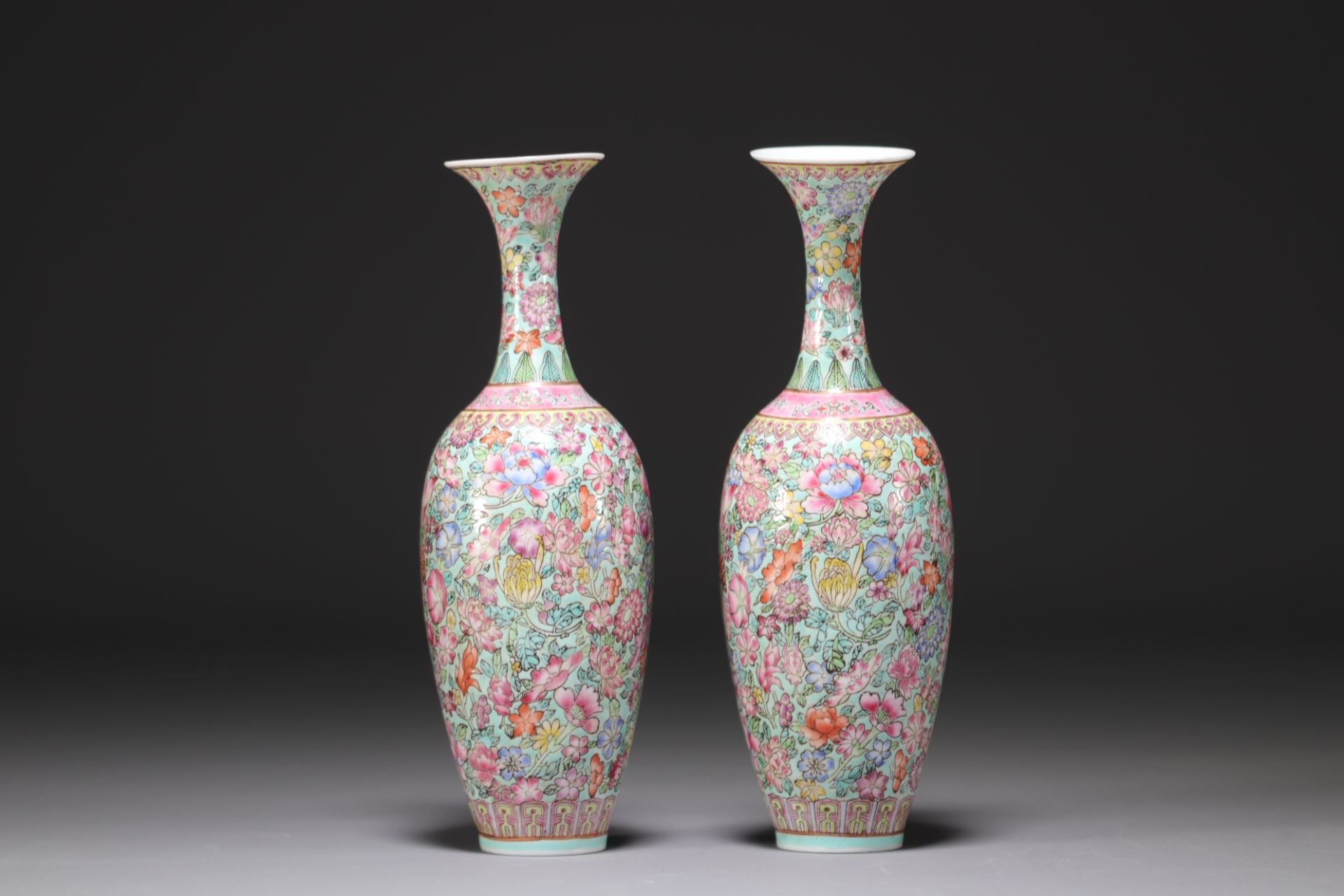 China - A pair of eggshell porcelain vases with floral decoration.