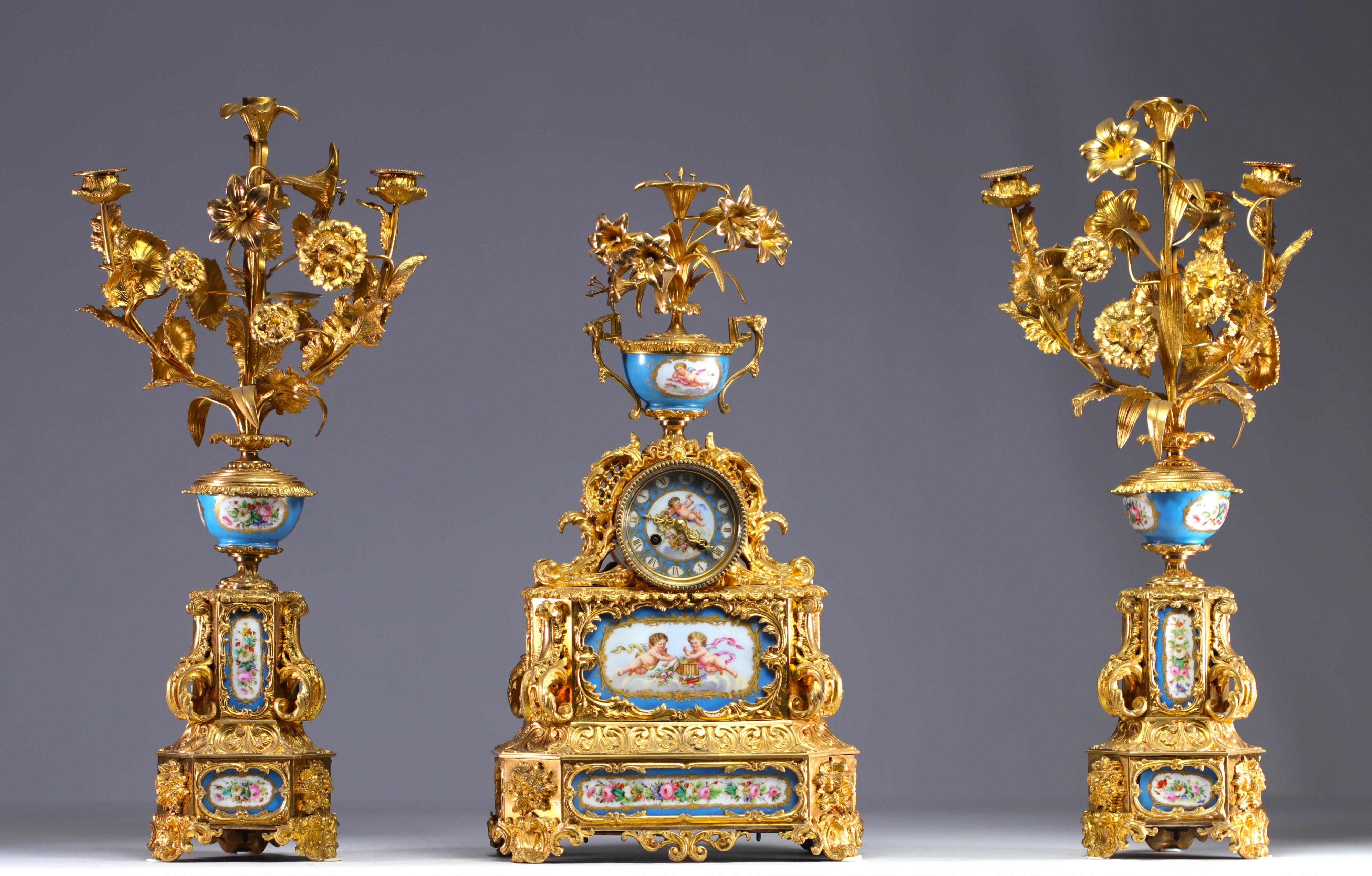 Imposing Sevres porcelain and gilded bronze mantelpiece.