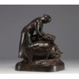 Henri Louis BOUCHARD (1875-1960) "The farmer feeding her pigs" Bronze sculpture