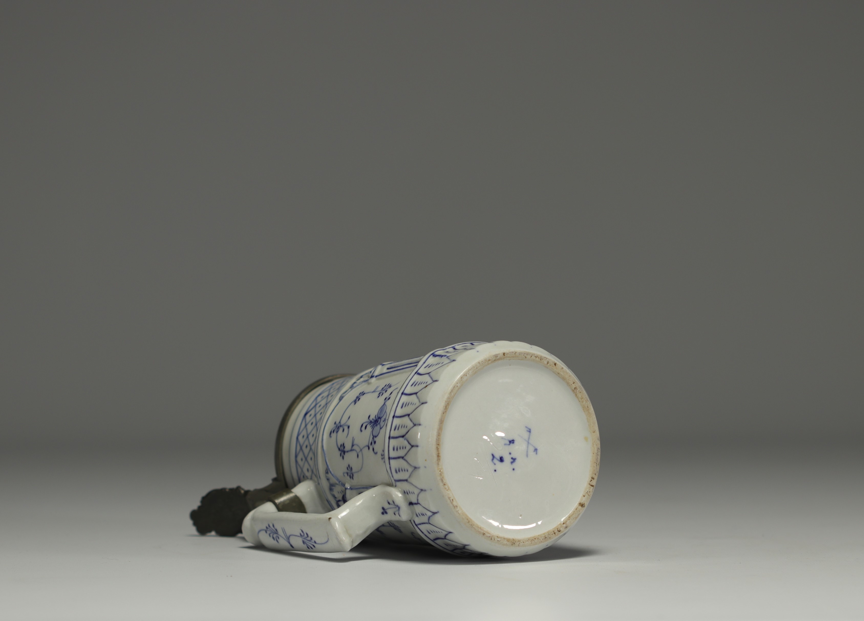 Rauenstein porcelain jug with white and blue decoration, pewter frame, 19th century. - Image 3 of 3