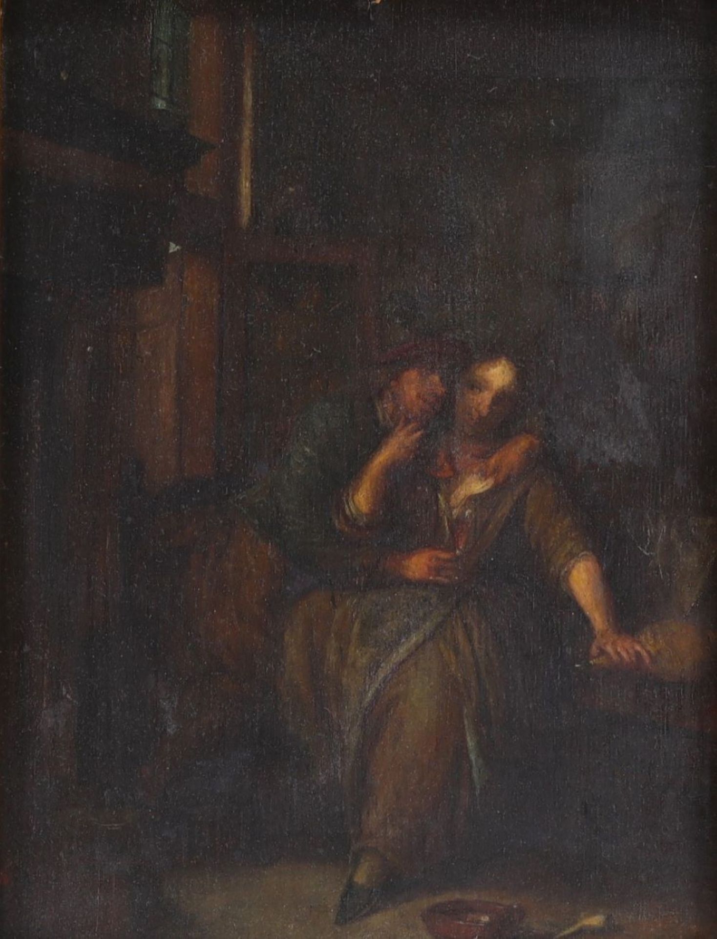 "Romantic scene in front of the hearth" Oil on oak panel, 18th century.