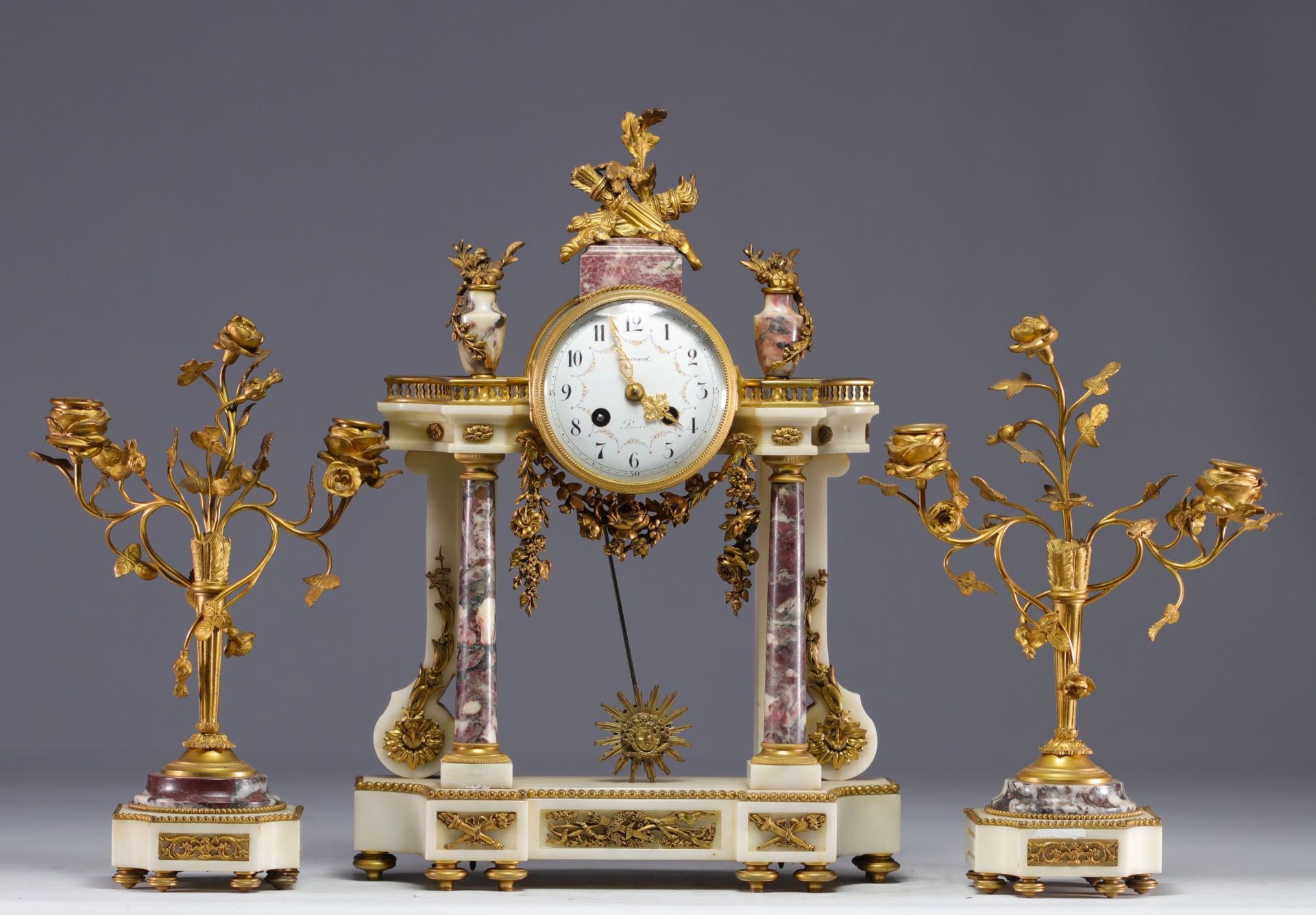 Louis XVI style portico clock and candlesticks in Carrara marble and gilt bronze
