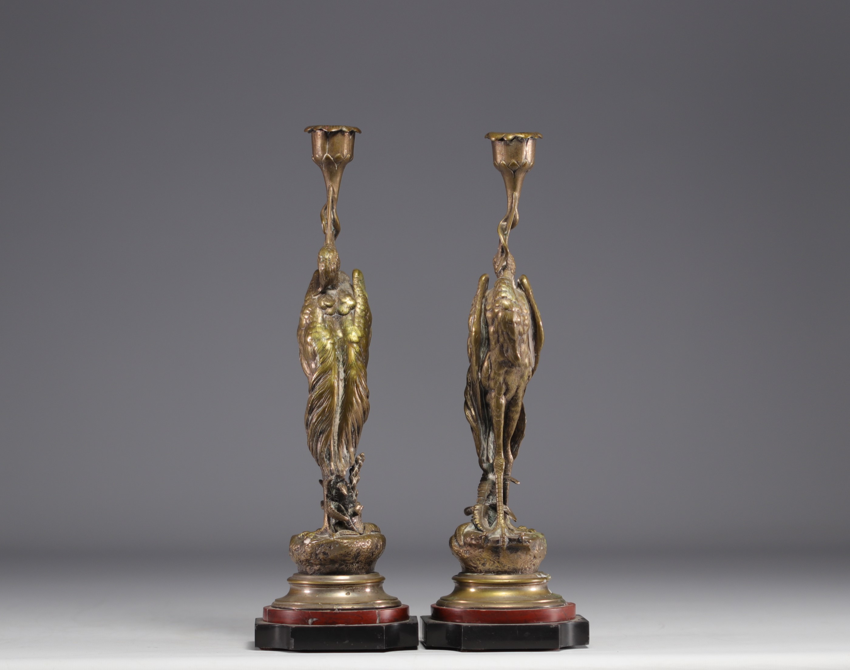Jules MOIGNIEZ (1835-1894) "Les echassiers" Pair of bronze candlesticks. - Image 4 of 5