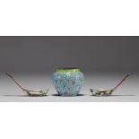 China - Set of three painted enamel pieces, a small bowl and two spoons.