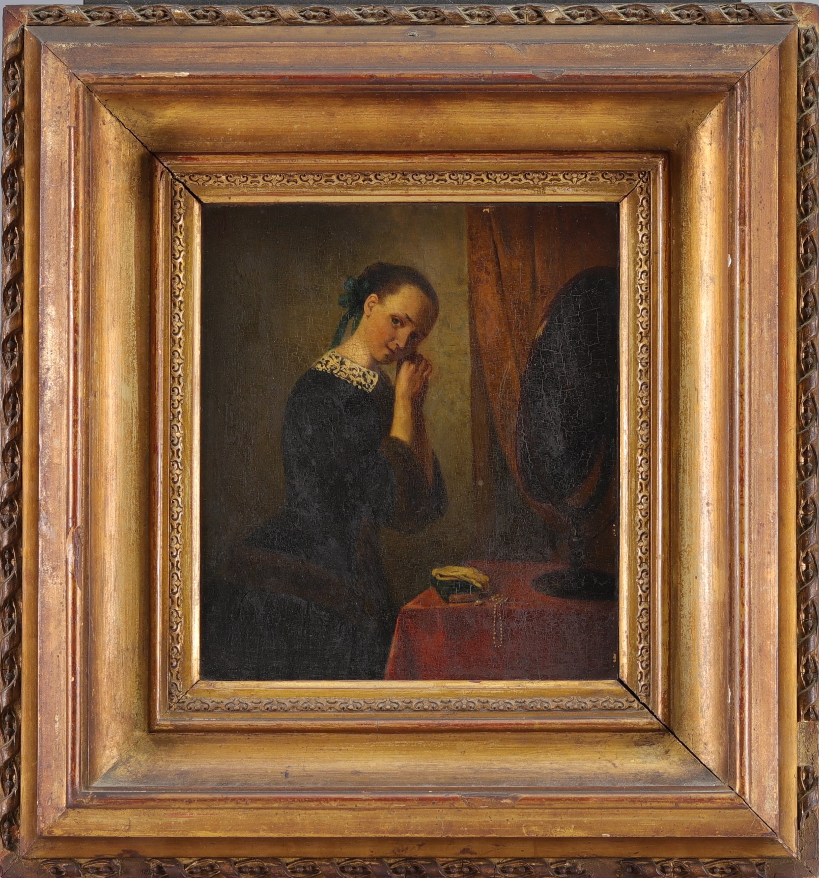 "Damsel in front of the dressing table" Oil on mahogany panel, 19th century. - Image 2 of 2