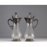 WMF, set of two twisted glass decanters, silver-plated metal frame.