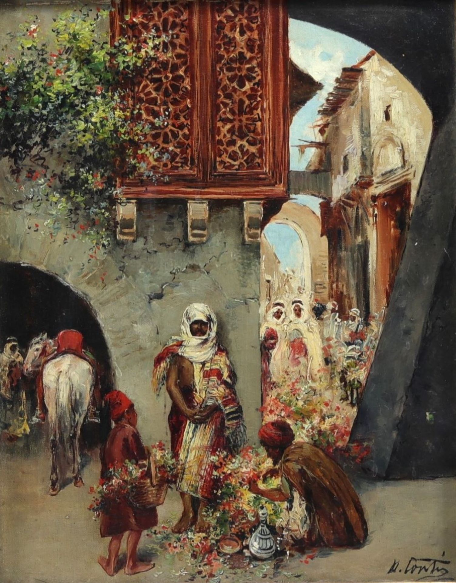 Aldo CONTI - "Flower market in the medina" Oil on canvas, 20th century.