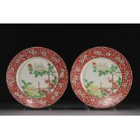 China - Pair of plates decorated with flowers and bamboo, Kangxi period.