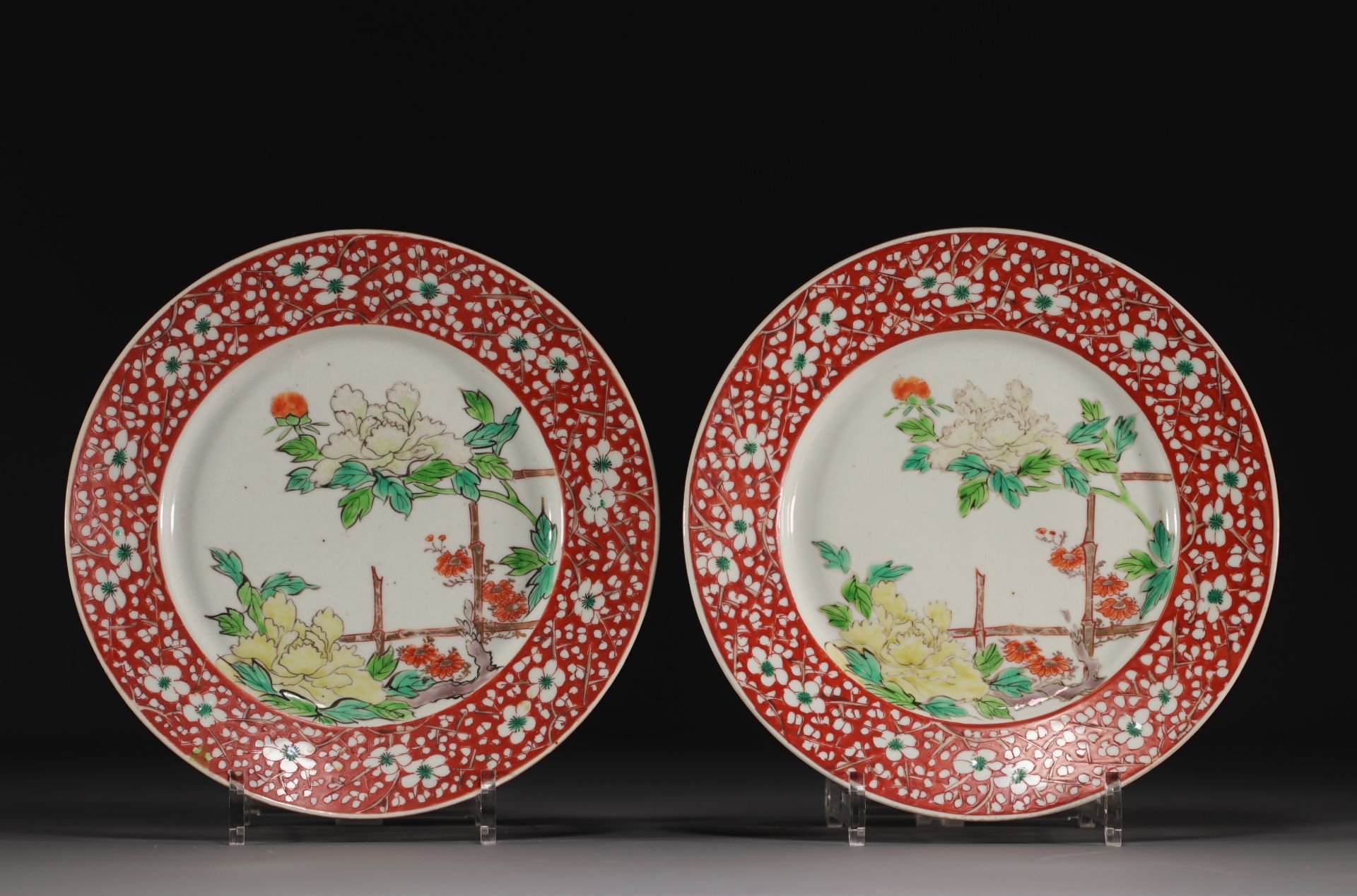 China - Pair of plates decorated with flowers and bamboo, Kangxi period.