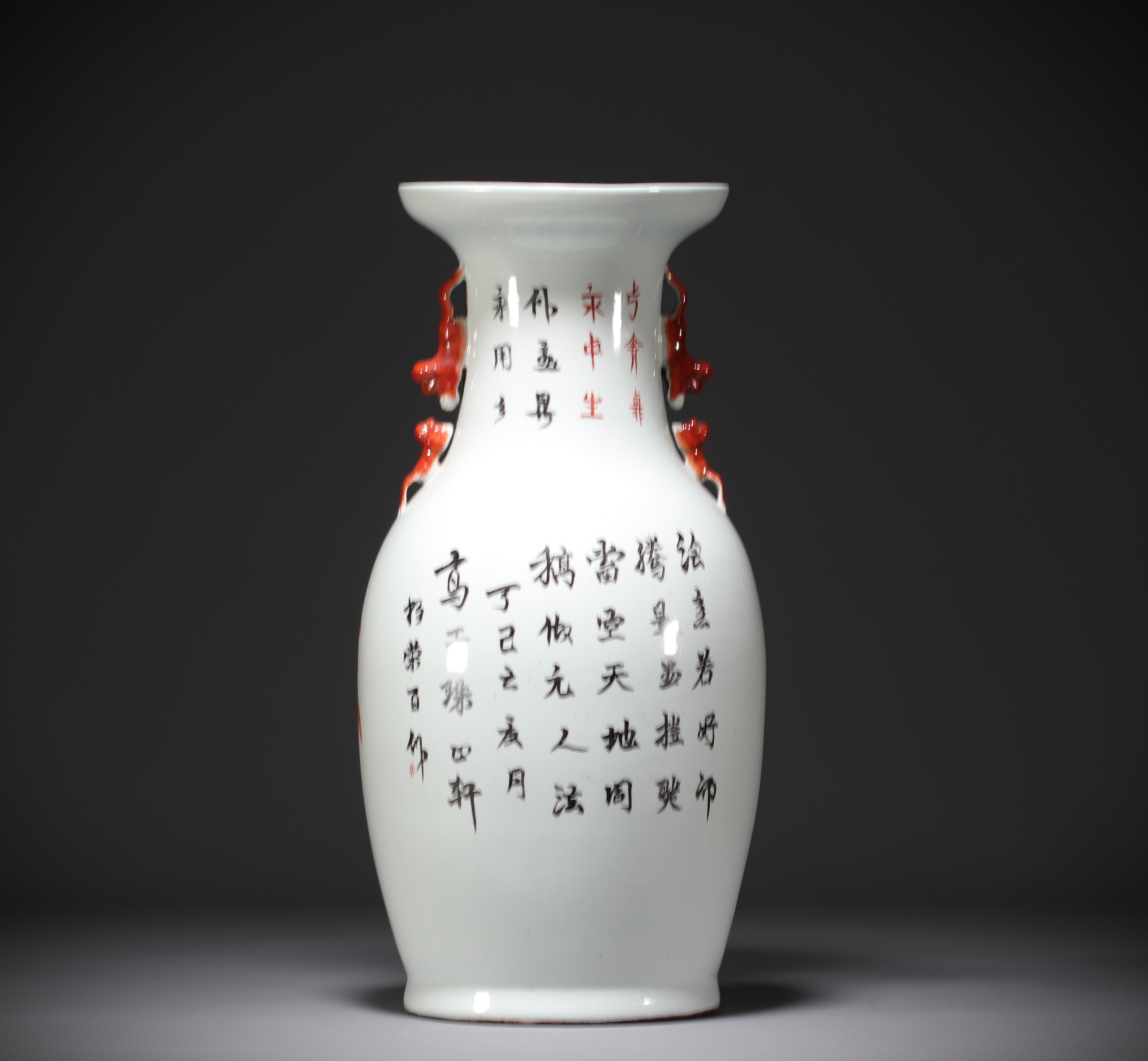 China - Large porcelain vase decorated with a Fo dog and calligraphy. - Image 2 of 5