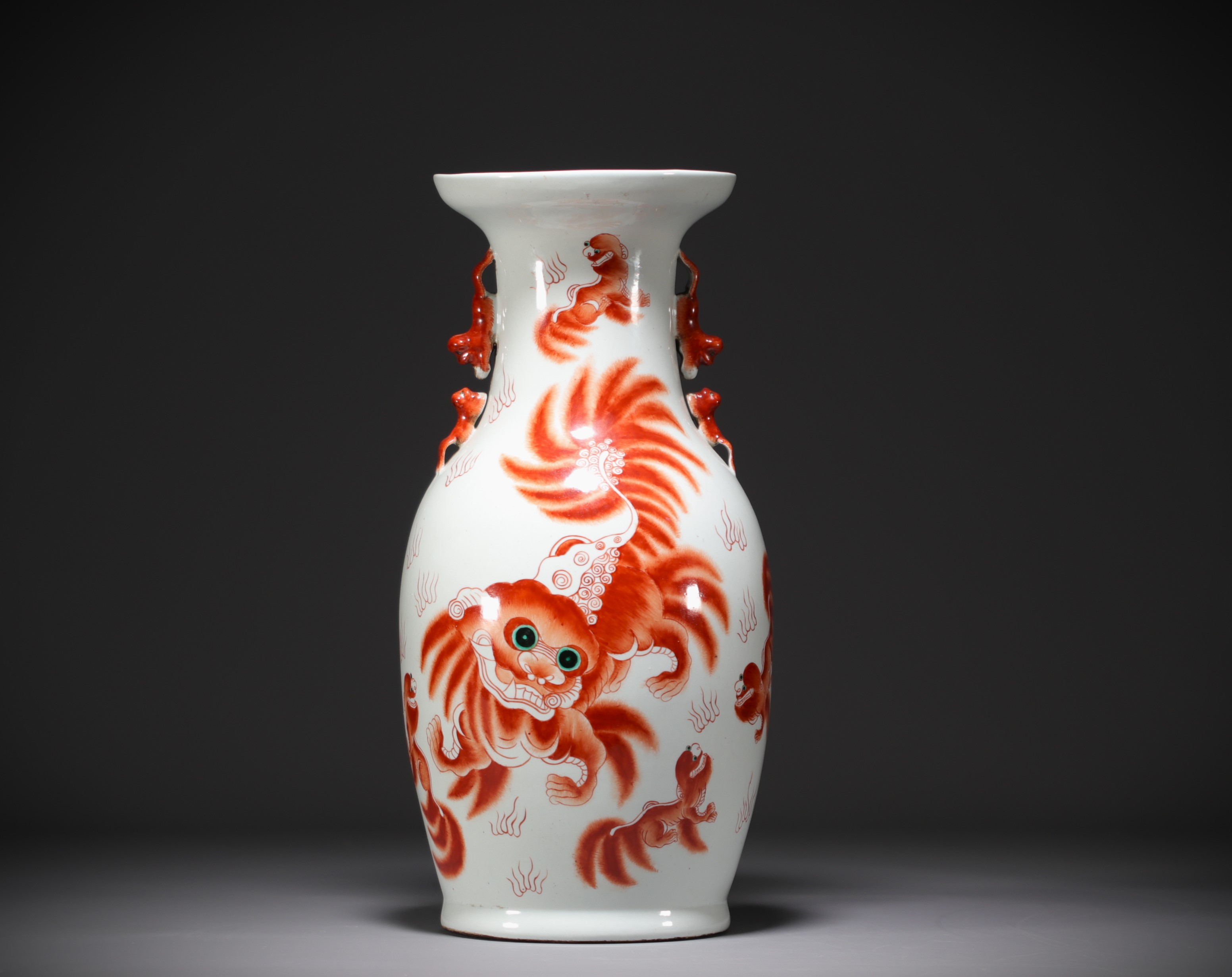 China - Large porcelain vase decorated with a Fo dog and calligraphy.