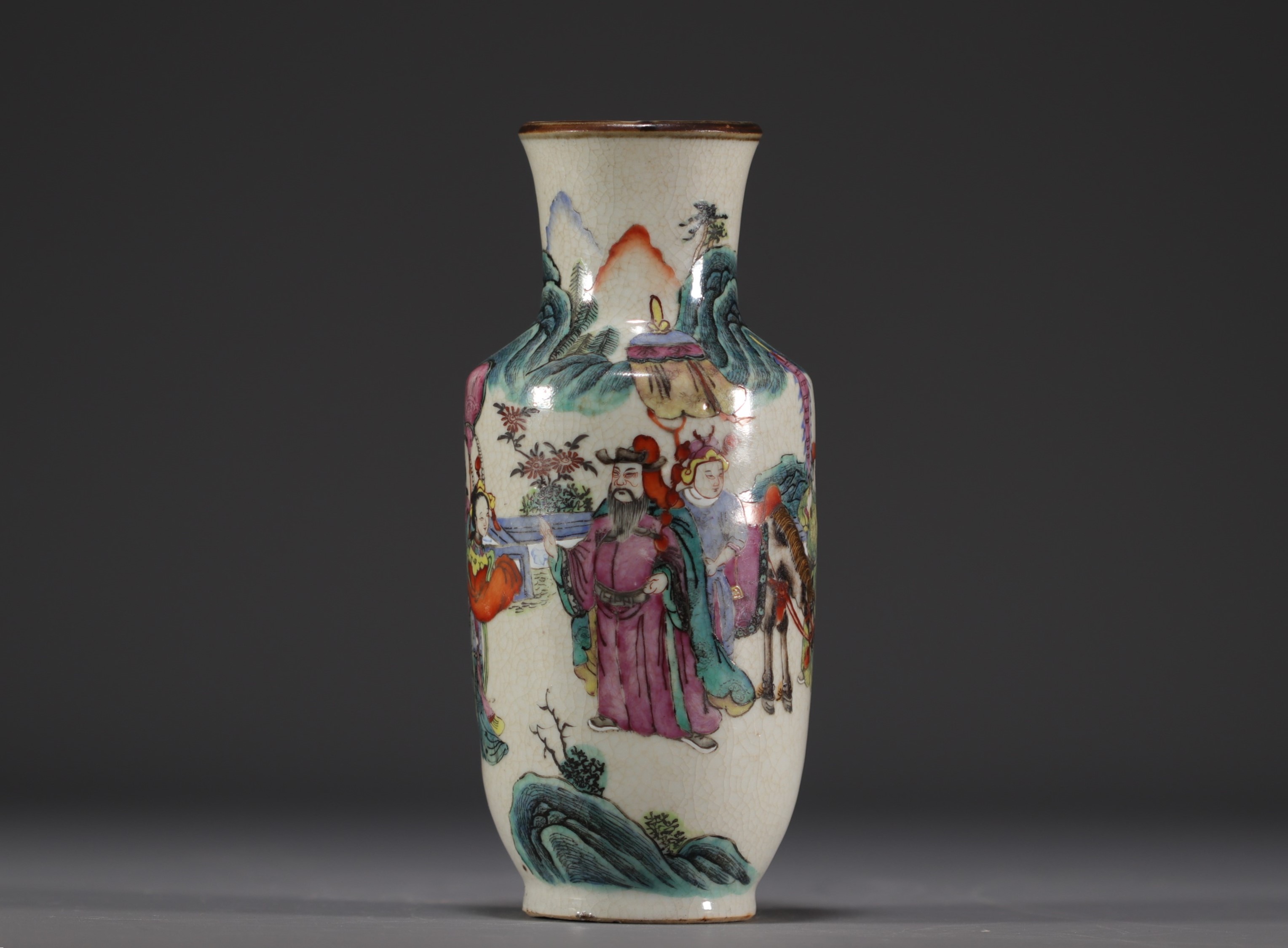 China - Polychrome porcelain vase with figures in a mountain landscape, Nanking.