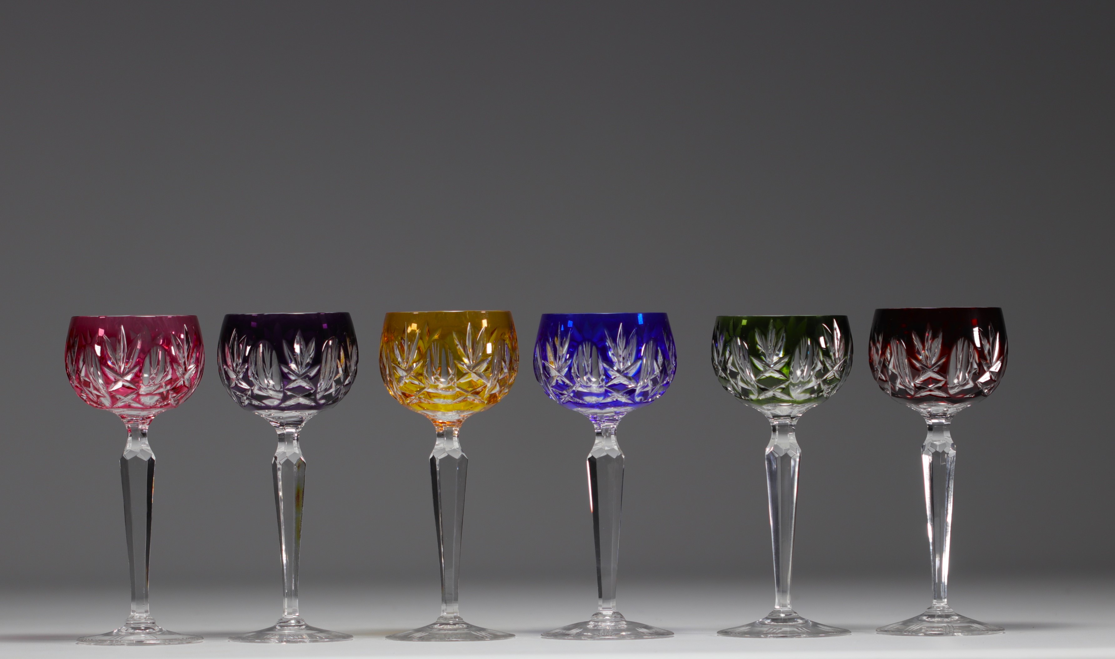 Val Saint Lambert - Set of twelve coloured crystal stemmed glasses. - Image 3 of 5