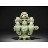 China - Large jade sculpture of covered pots decorated with dragons.
