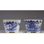 China - Pair of blue-white porcelain planters with landscape decoration, Qing period.