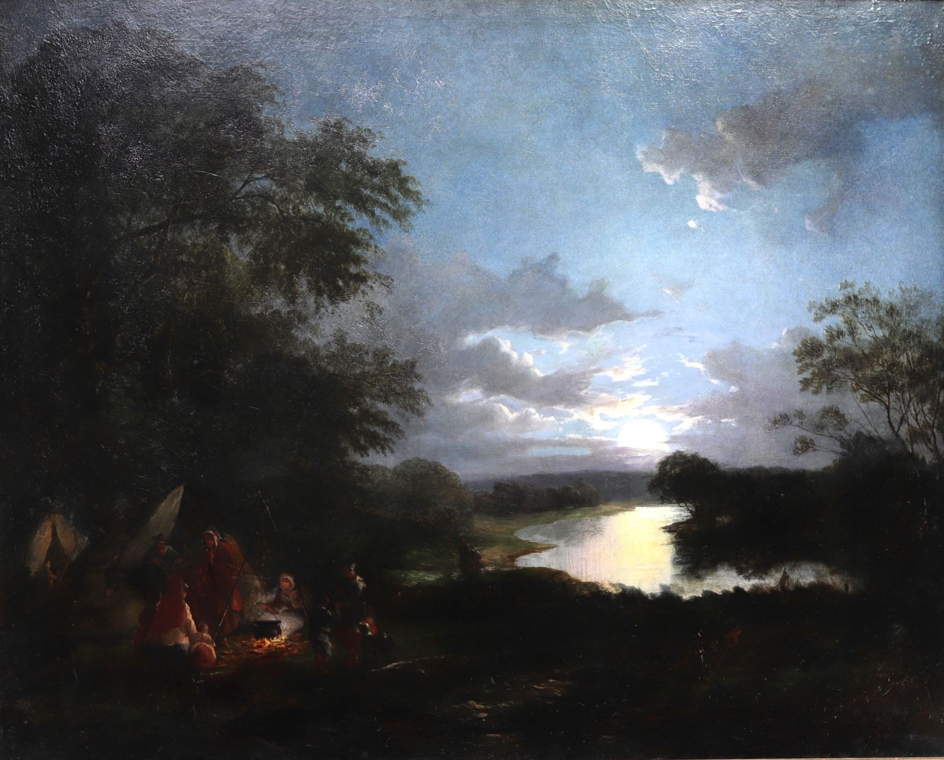 "Bivouac au claire de lune" Large oil on canvas, 19th century.