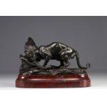 Paul Edouard DELABRIERRE (1829-1910) "Panther devouring a pelican" Bronze sculpture.