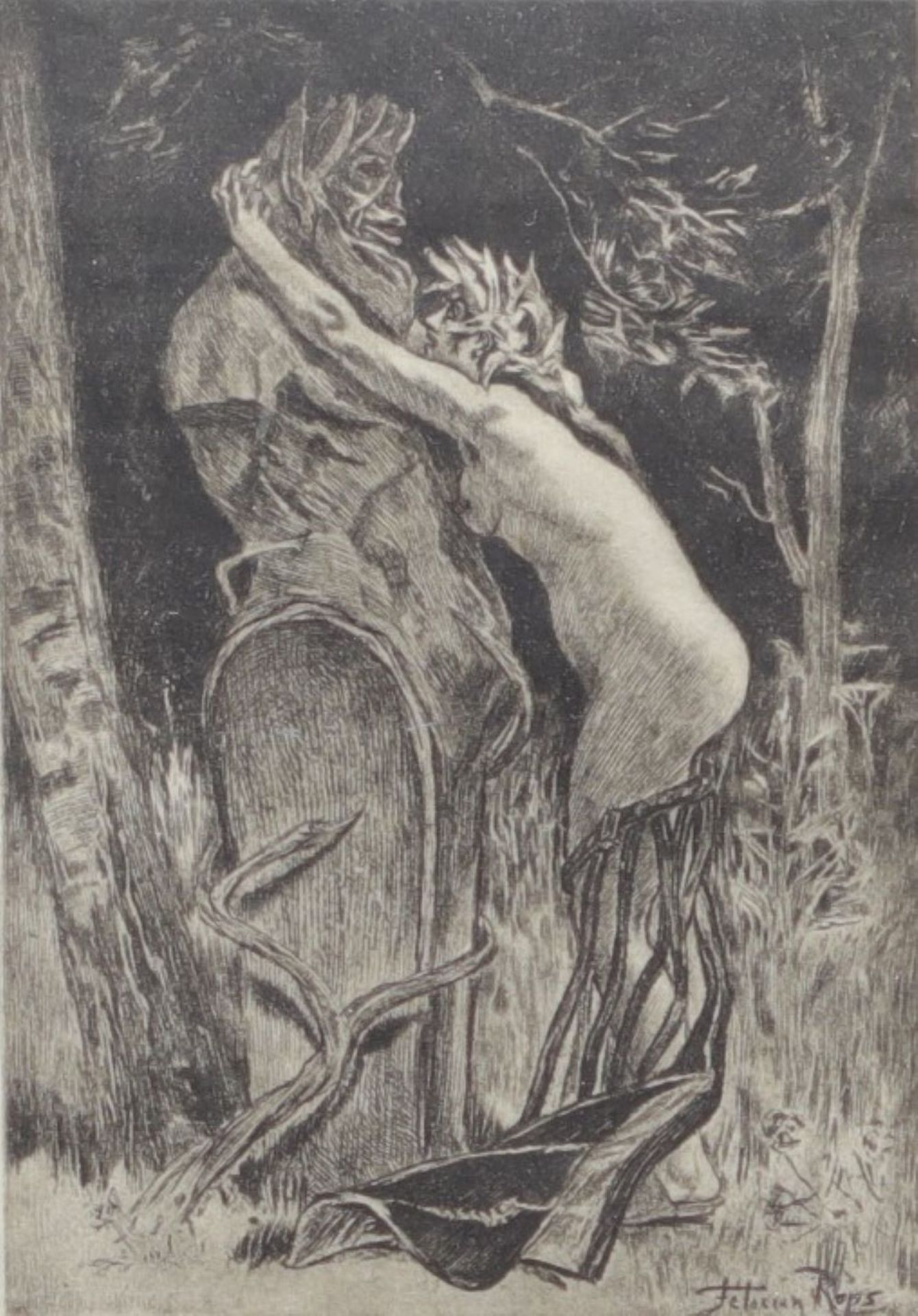 Felicien ROPS (1833-1898) â€˜Hommage a Panâ€™ Etching, signed in the plate and monogrammed.