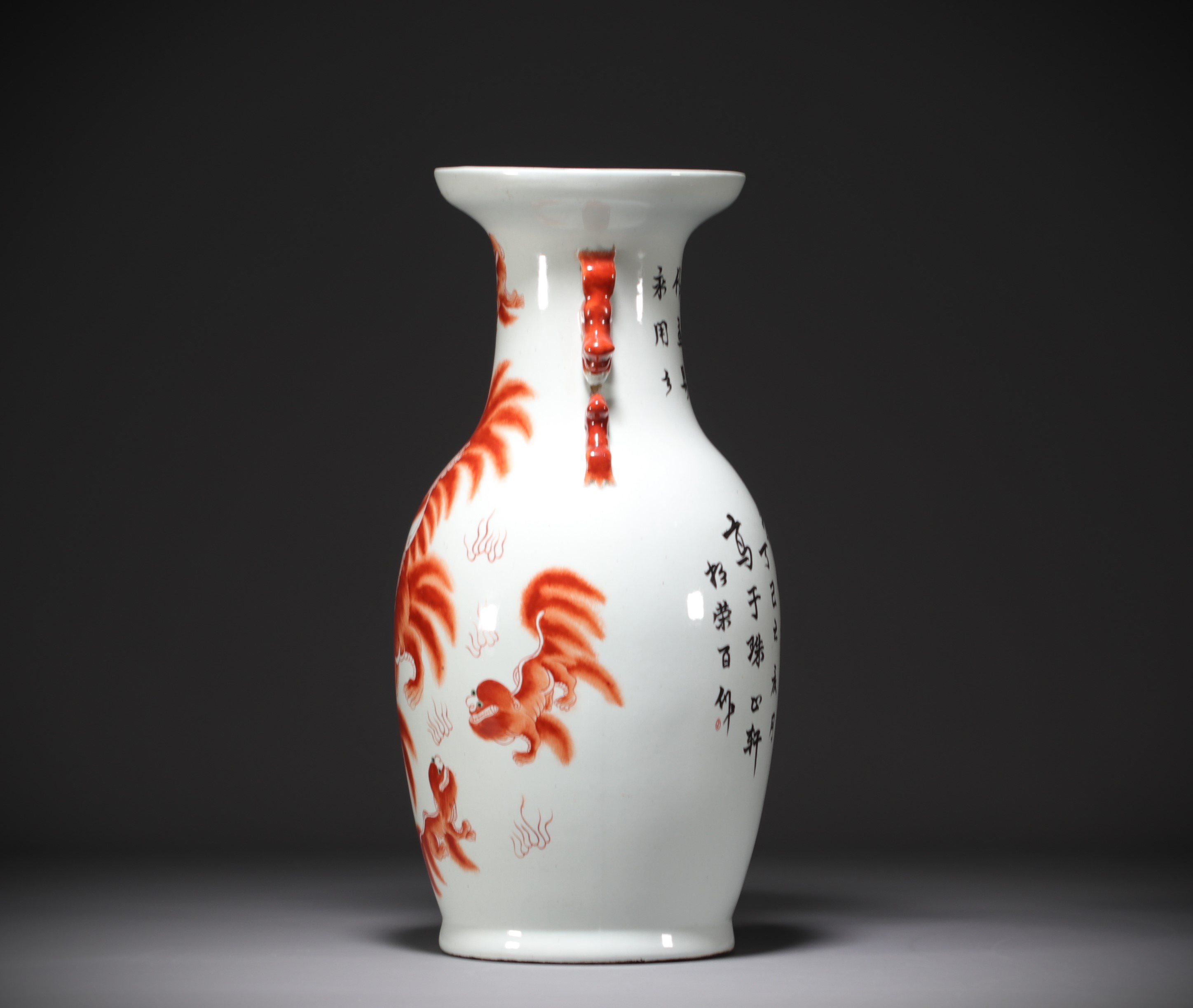 China - Large porcelain vase decorated with a Fo dog and calligraphy. - Image 3 of 5