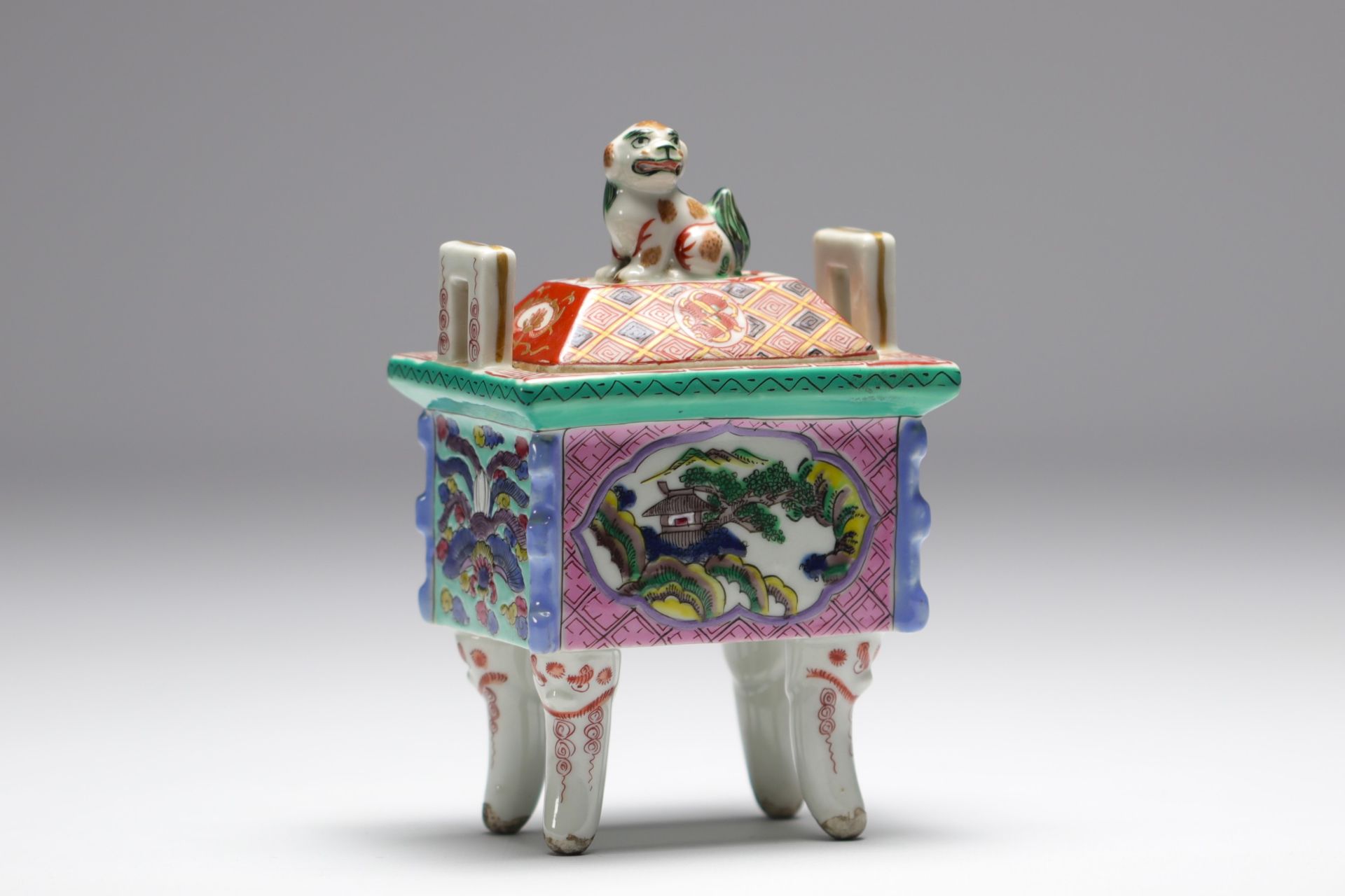 China - Polychrome porcelain perfume burner with landscape decoration.