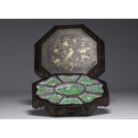 China - Set of cloisonne enamel dishes with floral and bird decor in original lacquer box, 19th cent