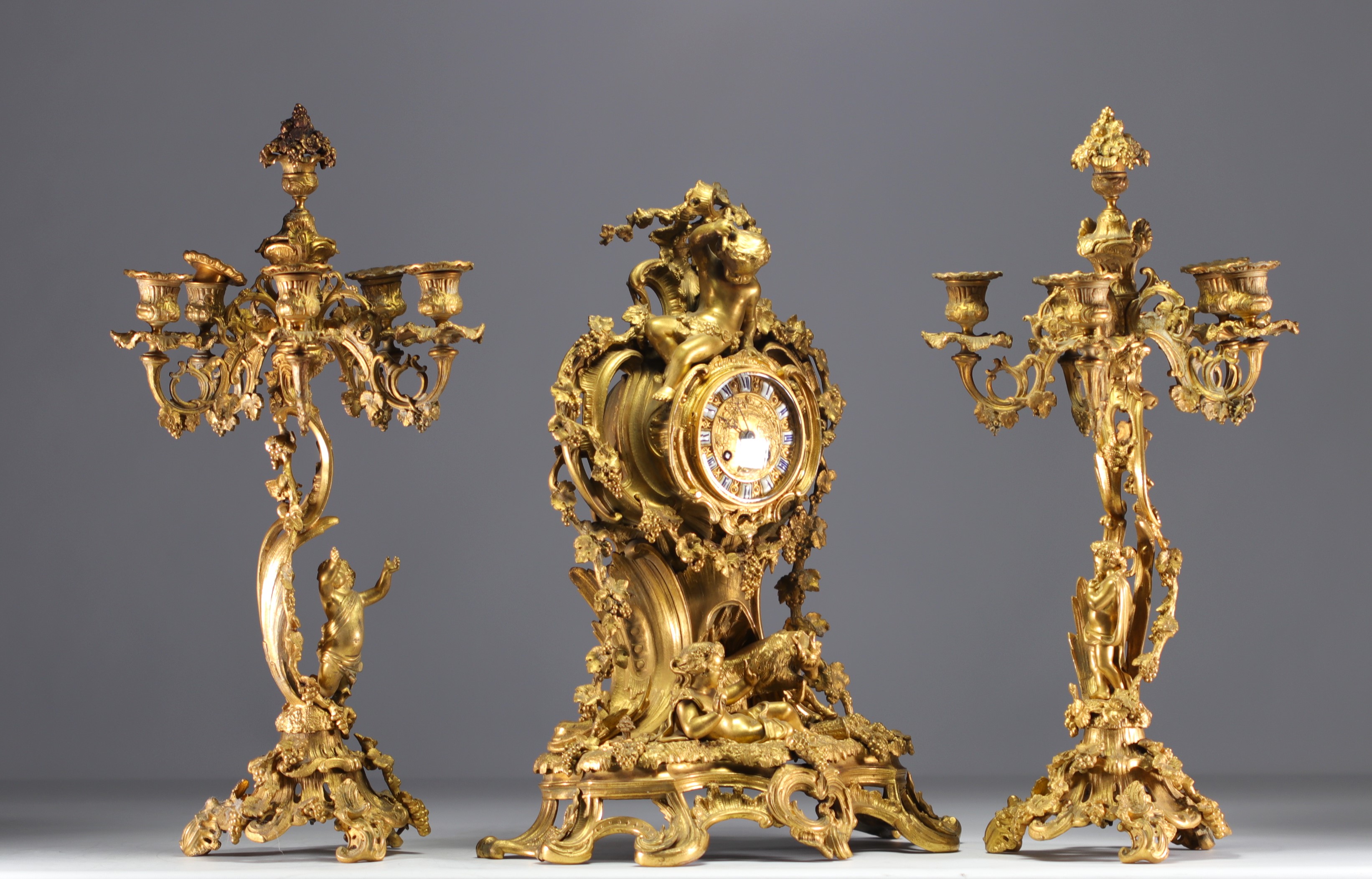 Louis XV style gilt bronze mantelpiece and candelabra, 19th century. - Image 3 of 6