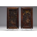 Japan - Pair of small carved wooden panels, bronze figures, filigree frames, Meiji period.