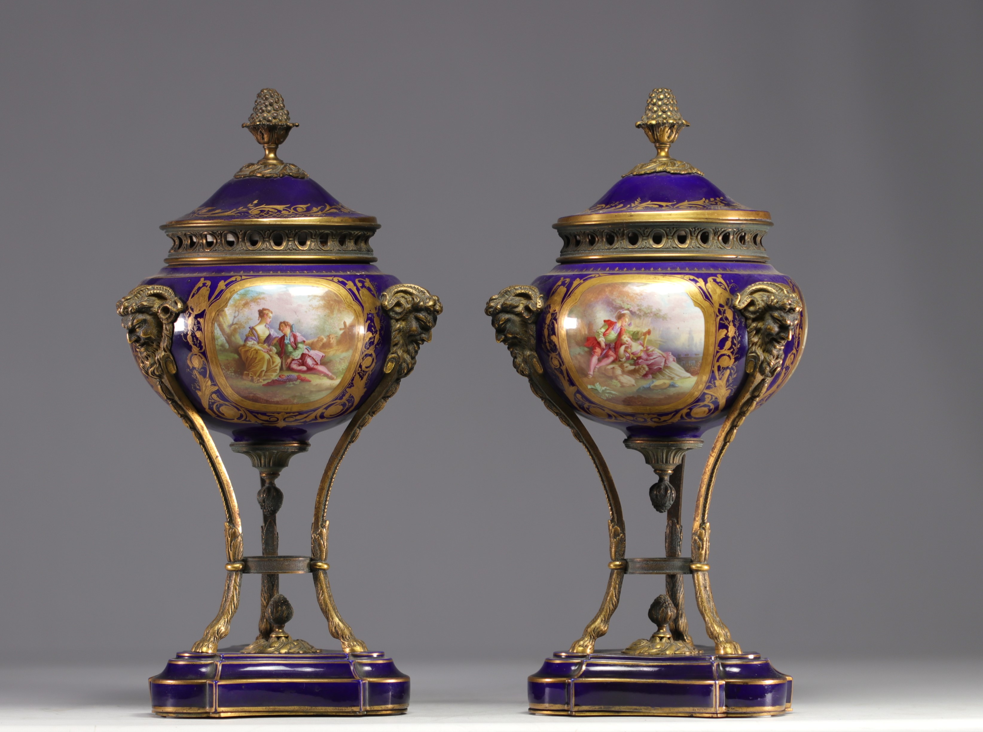 Pair of Sevres porcelain cassolettes decorated with gallant scenes, mounted on bronze. - Image 3 of 5