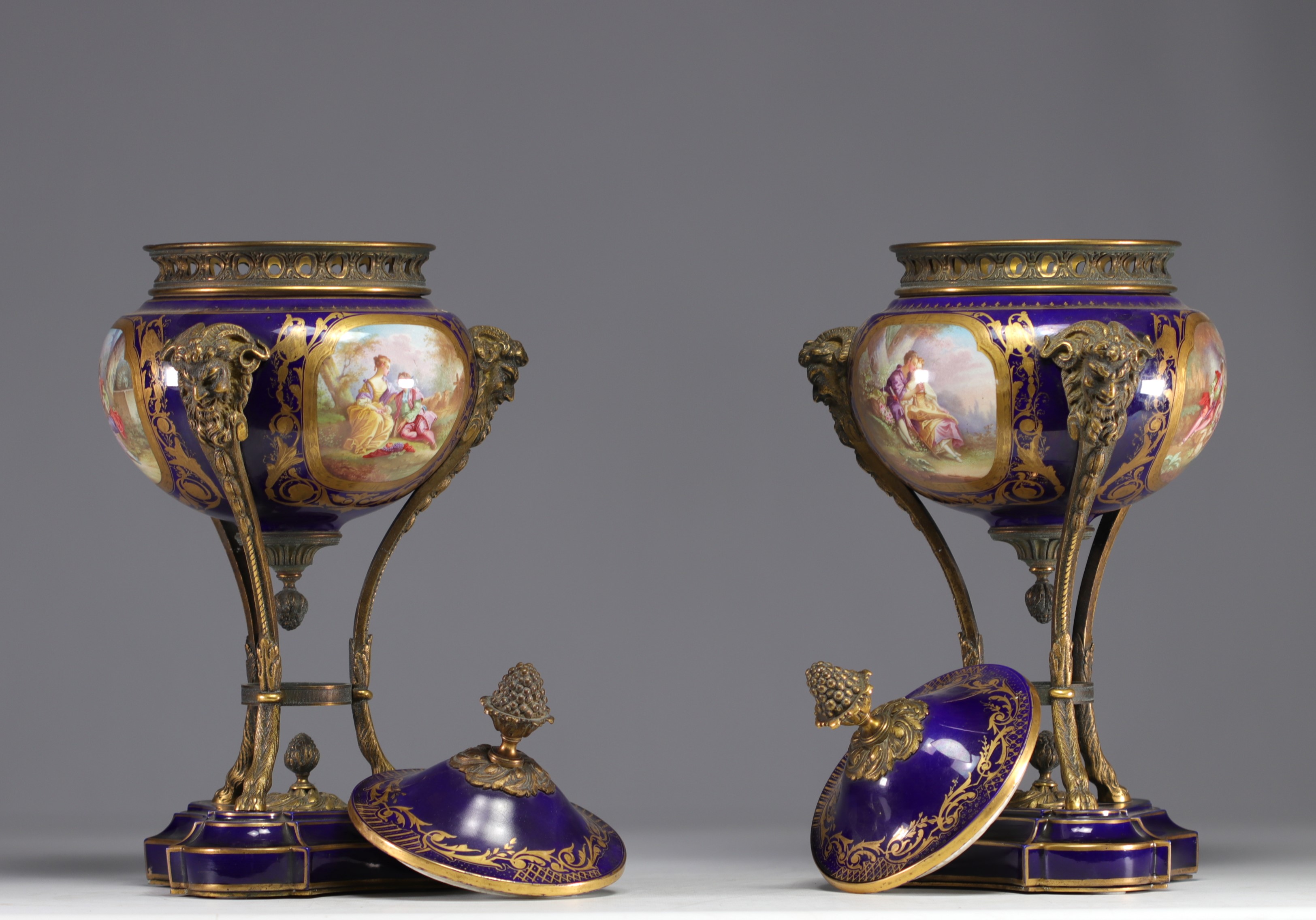 Pair of Sevres porcelain cassolettes decorated with gallant scenes, mounted on bronze. - Image 4 of 5