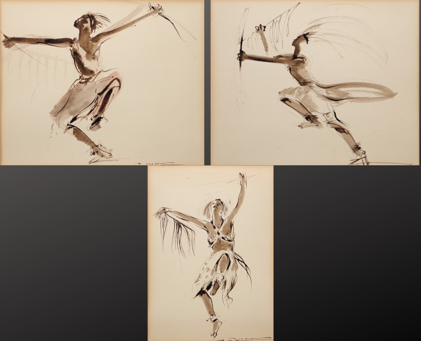 Paul DAXHELET (1905-1993) "African dancer" Suite of three Indian inks.