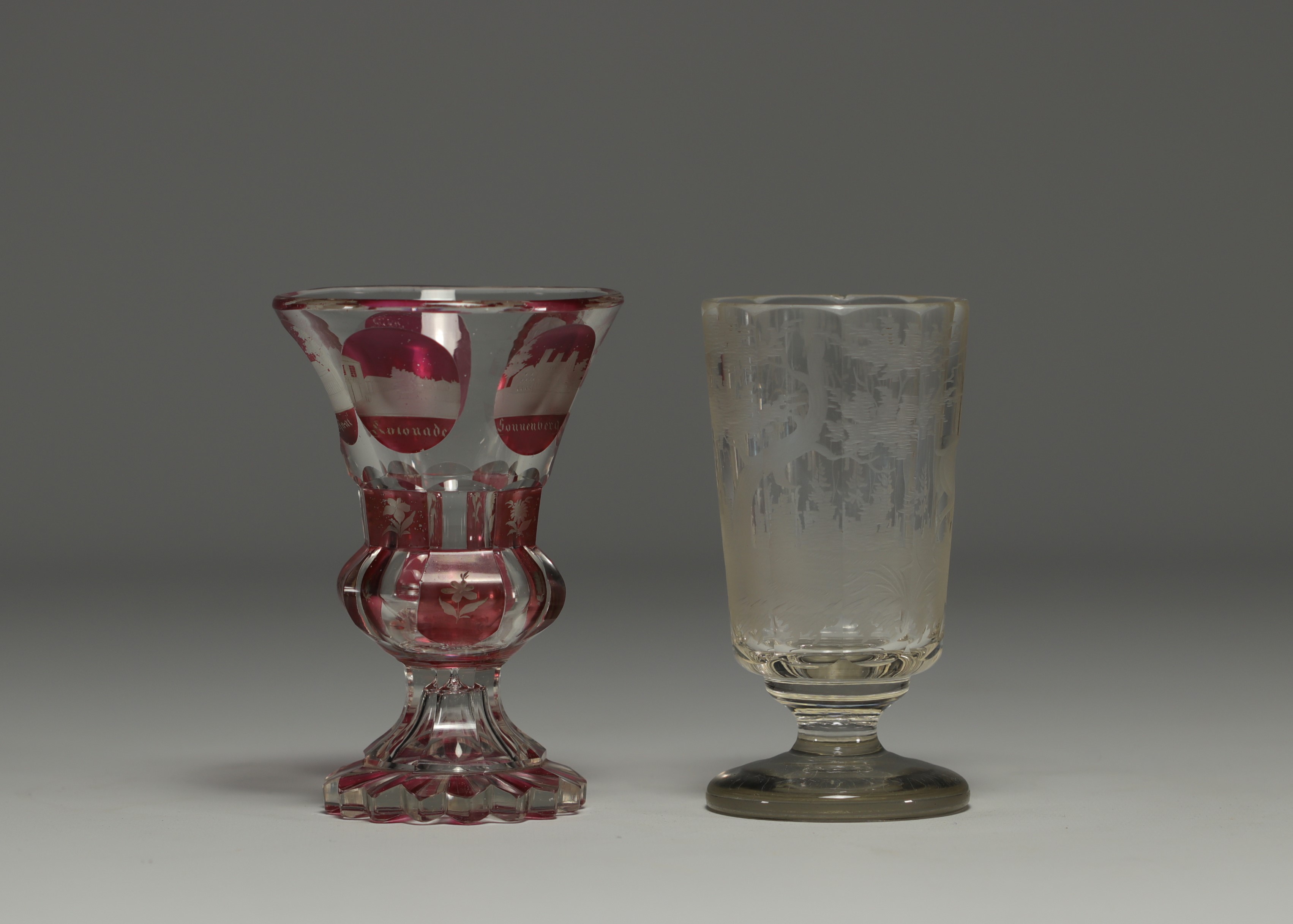 Bohemia - Pair of engraved glasses, one with a deer design and one in multi-layered glass with a cit - Image 2 of 2