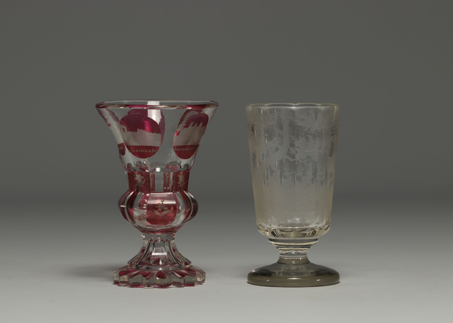 Bohemia - Pair of engraved glasses, one with a deer design and one in multi-layered glass with a cit - Bild 2 aus 2