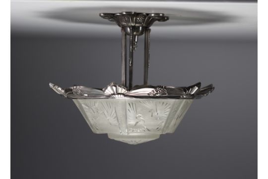 MULLER Freres Luneville - Art Deco ceiling light in nickel-plated bronze, hexagonal dome in sandblas - Image 1 of 6