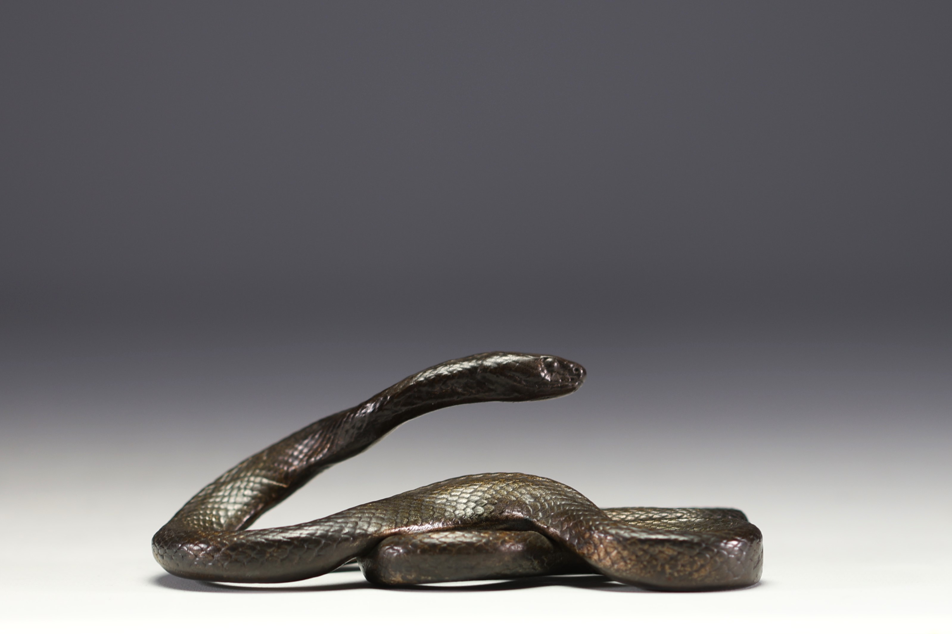 Patinated metal sculpture depicting a snake. - Image 3 of 5