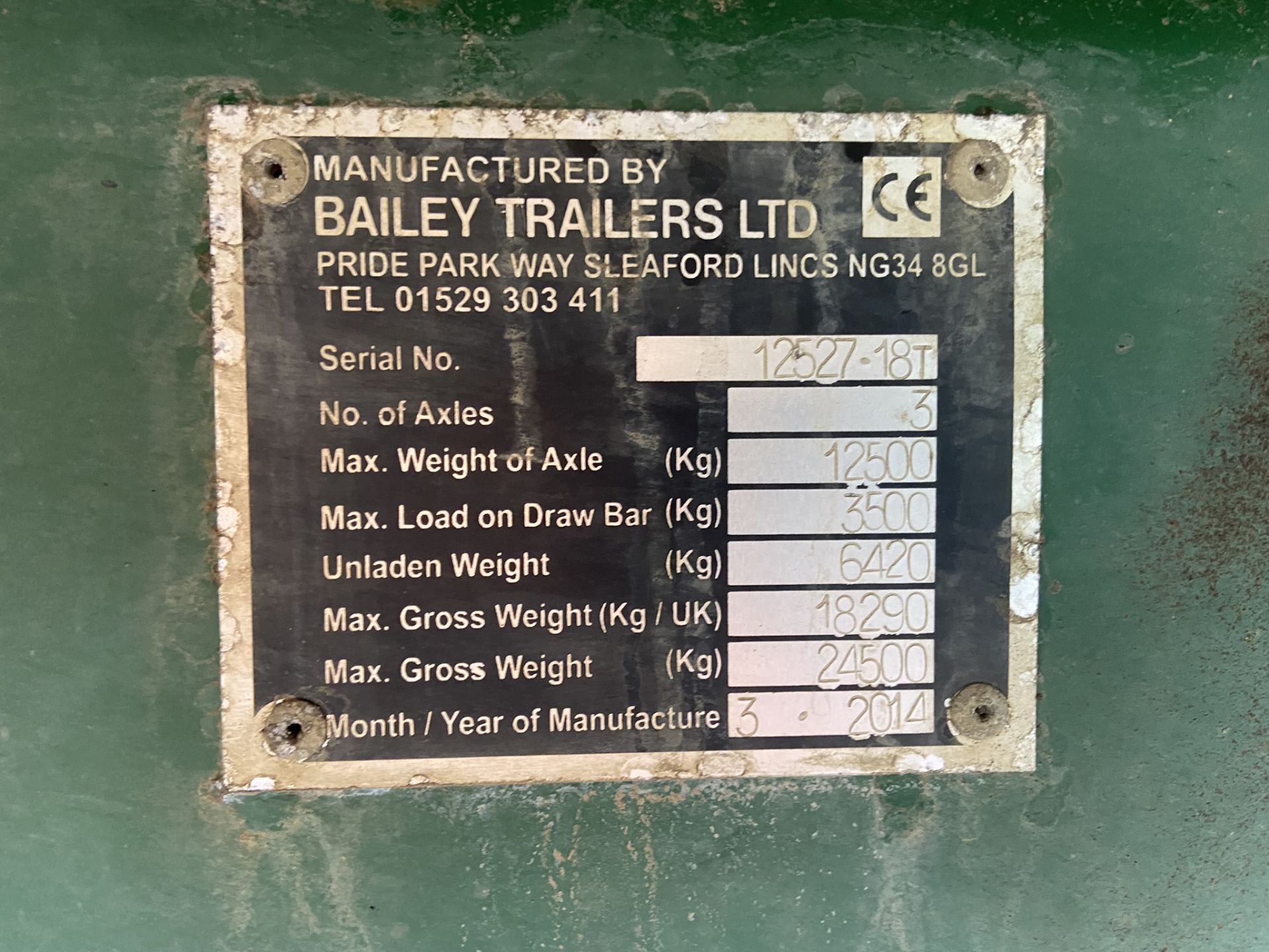 2014 Bailey 18-Ton 36' Triple Axle Flatbed Trailer S/No. 12527, 435/50R 19.5 Mini Super Single Tyres - Image 7 of 7