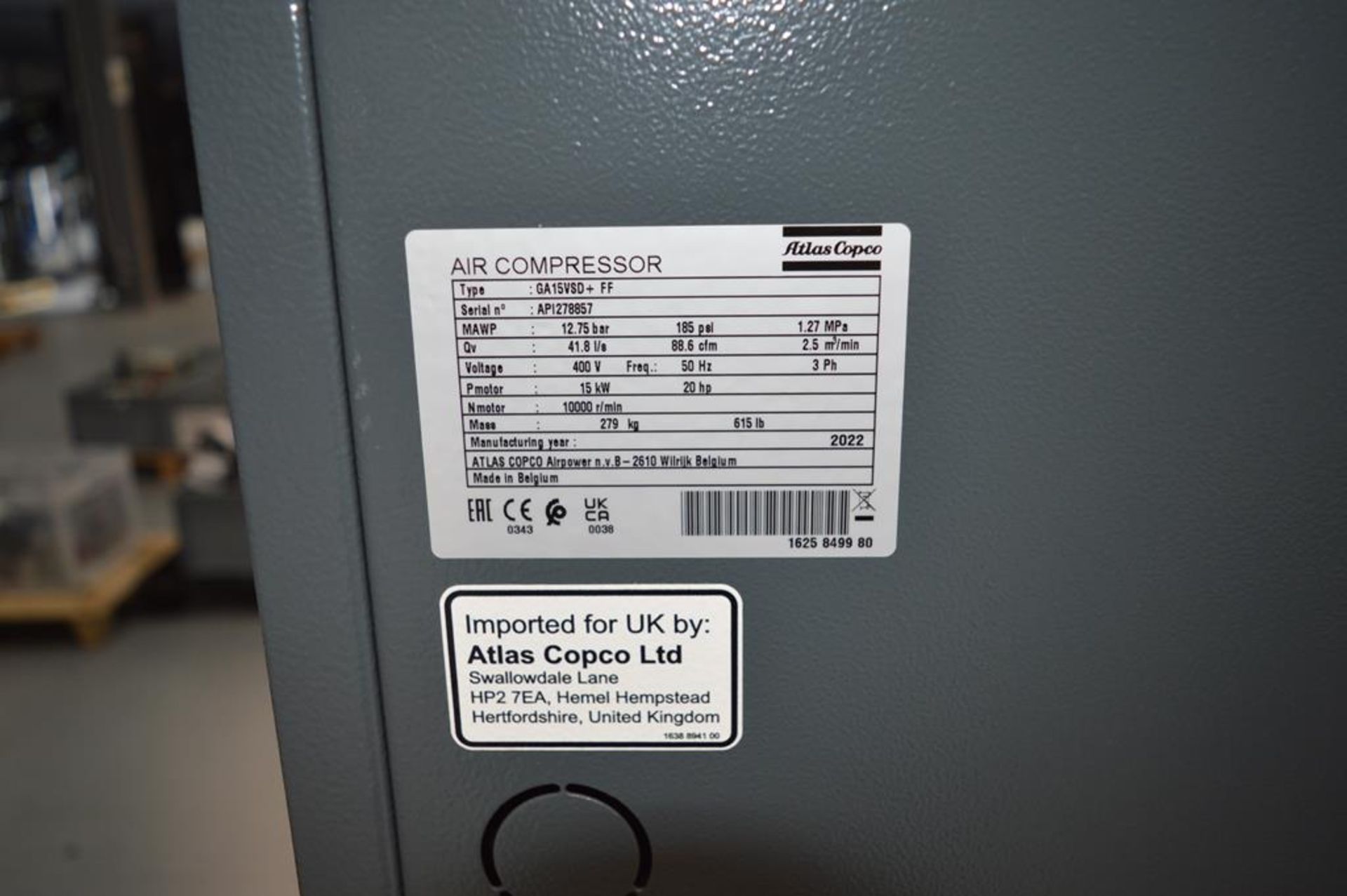 Atlas Copco, GA15VSD+FF, packaged air compressor, Serial No. AP1278857 (DOM: 2022) - Bild 4 aus 4